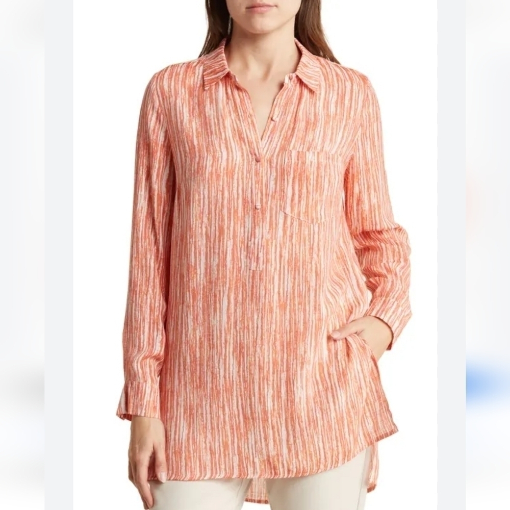 Nanette Lepore patterned button-up tunic shirt in tangerine